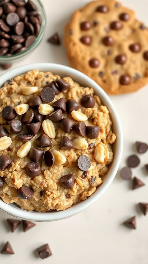 A bowl of oatmeal topped with chocolate chips and chopped nuts, resembling a cookie.