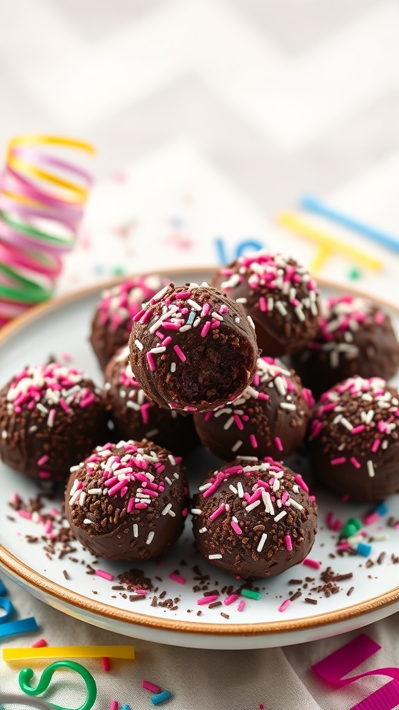 A plate of Brigadeiro chocolate truffles topped with colorful sprinkles.