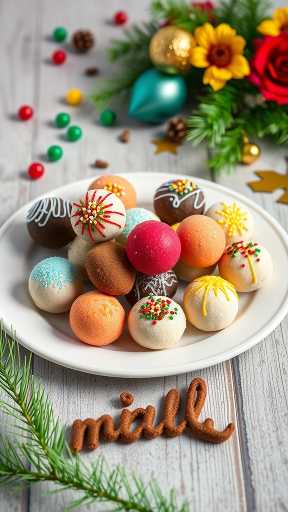 Colorful brigadeiros, Brazilian chocolate treats rolled in sprinkles and arranged on a plate.