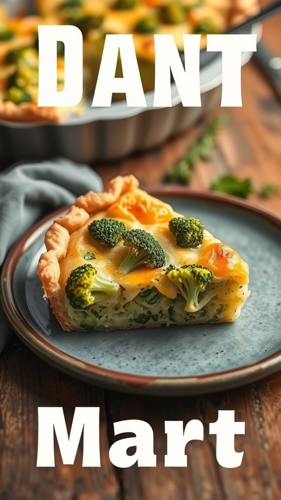 Slice of broccoli and cheese quiche on a plate.
