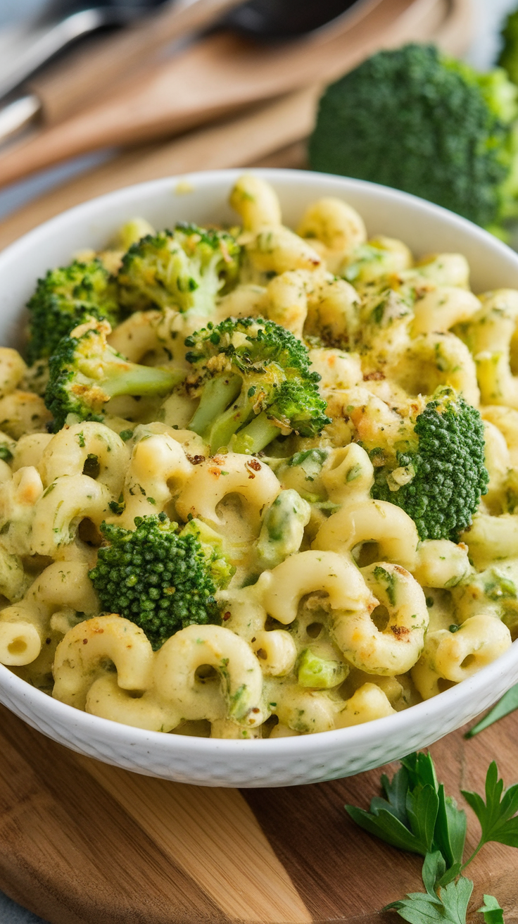 A creamy mac and cheese dish featuring broccoli in a white bowl.