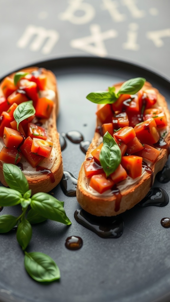 Bruschetta topped with chopped tomatoes and basil on toasted bread.