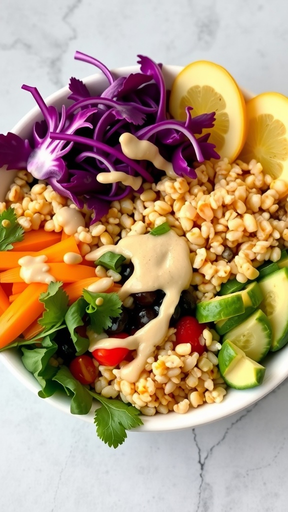 A colorful Buddha Bowl with grains, fresh vegetables, and tahini dressing.