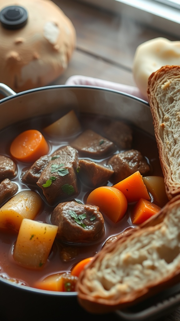 A comforting bowl of beef stew with vegetables and bread.