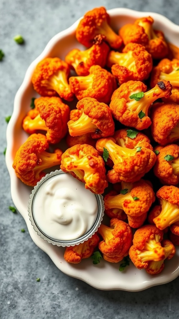 Buffalo cauliflower bites on a plate with a bowl of dipping sauce.