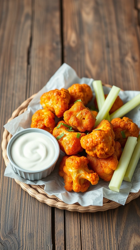 Plate of crispy Buffalo cauliflower bites served with celery sticks and dipping sauce