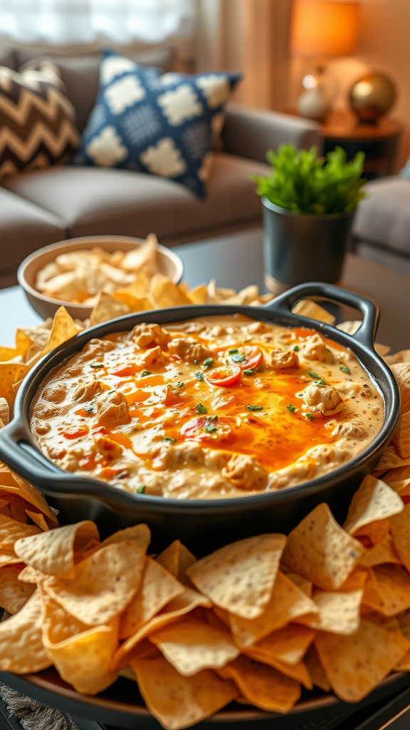 Creamy Buffalo Chicken Dip served with tortilla chips