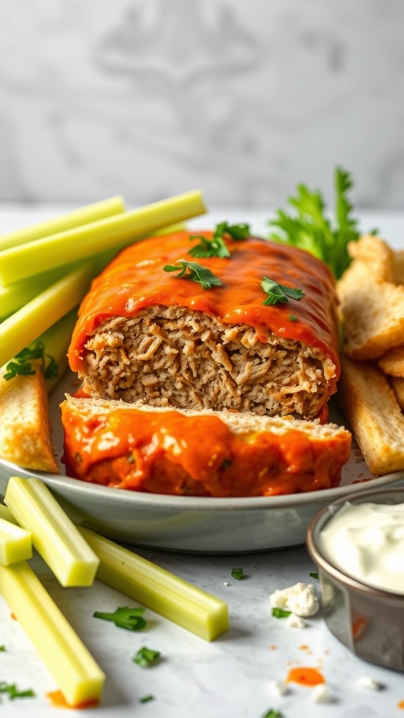 A delicious Buffalo Chicken Meatloaf served with celery sticks and ranch dressing.