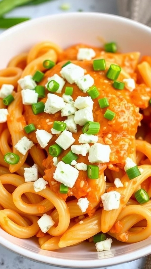 A bowl of buffalo chicken pasta topped with green onions and cheese.