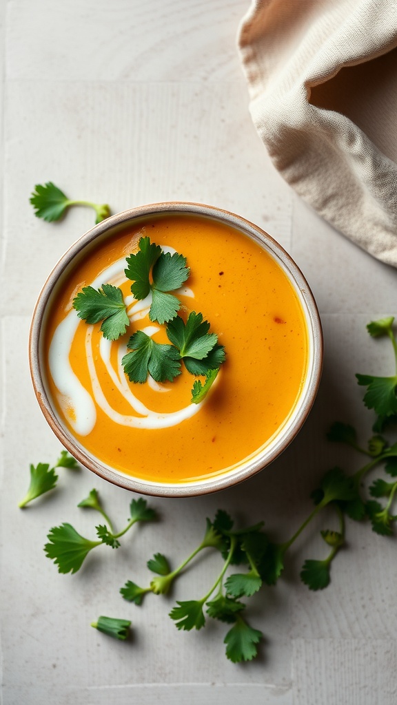 A bowl of butternut squash and coconut curry soup garnished with cilantro.