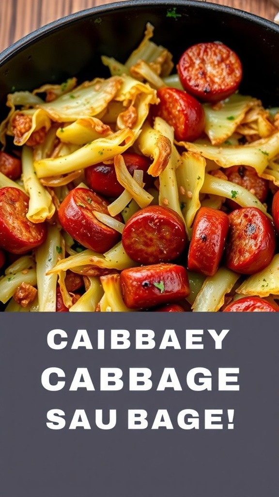 A skillet filled with cooked cabbage and sausage, garnished with herbs.