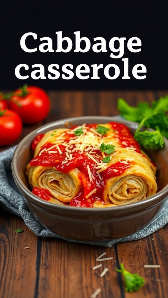 A delicious cabbage roll casserole topped with tomato sauce and cheese.