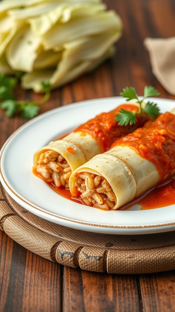 Cabbage rolls filled with ground turkey and rice, topped with tomato sauce