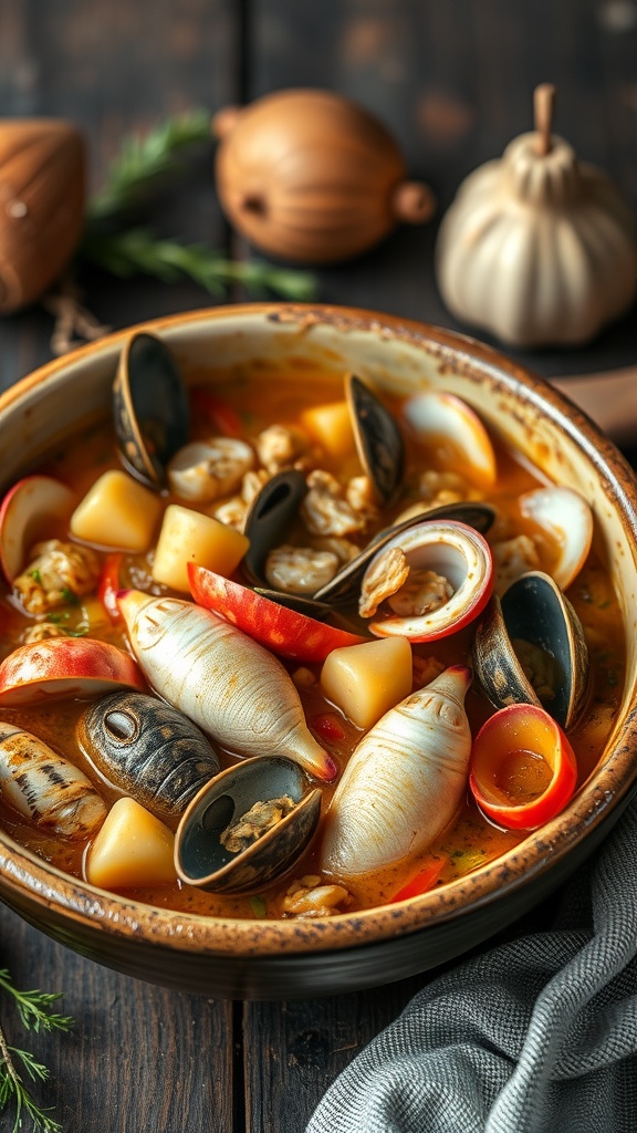 A bowl of Cacciucco, a Tuscan fish stew with various seafood and vegetables