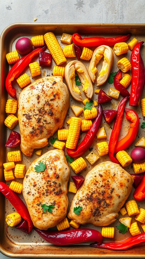 A delicious dish of Cajun chicken, roasted corn, and colorful peppers on a sheet pan.