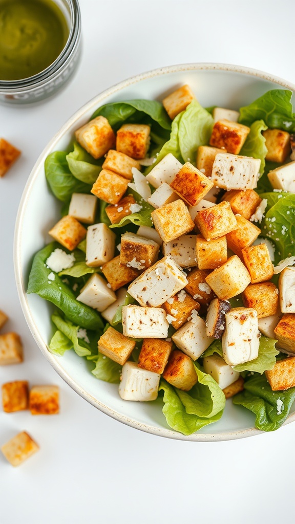 A bowl of Cajun Chicken Caesar Salad with seasoned chicken, lettuce, and cheese.