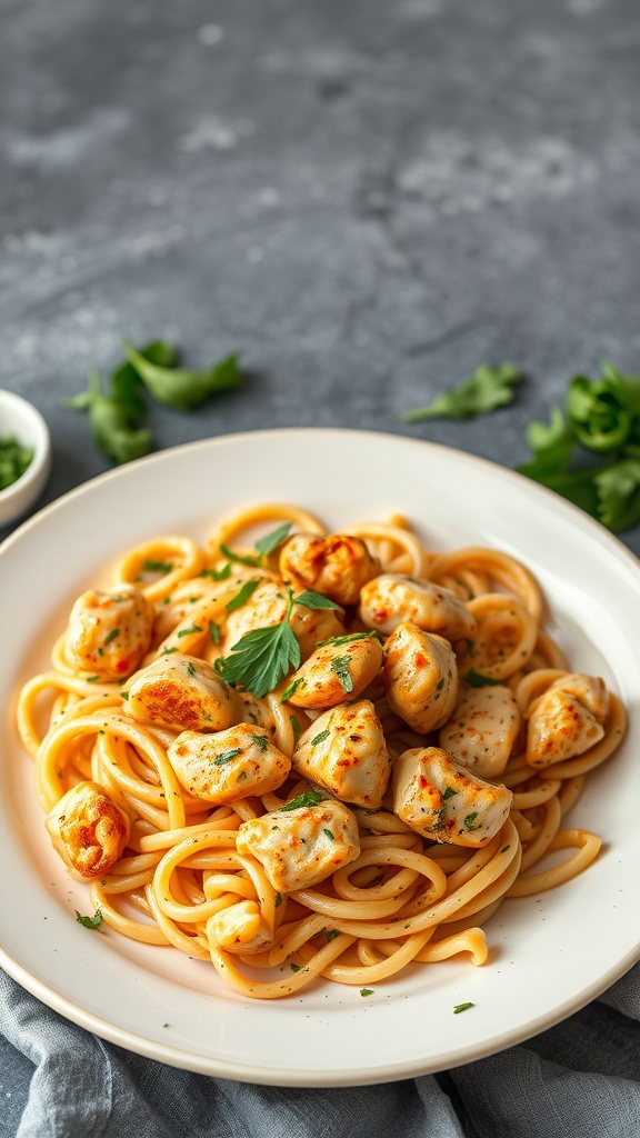 A plate of Cajun chicken pasta with cooked chicken and pasta