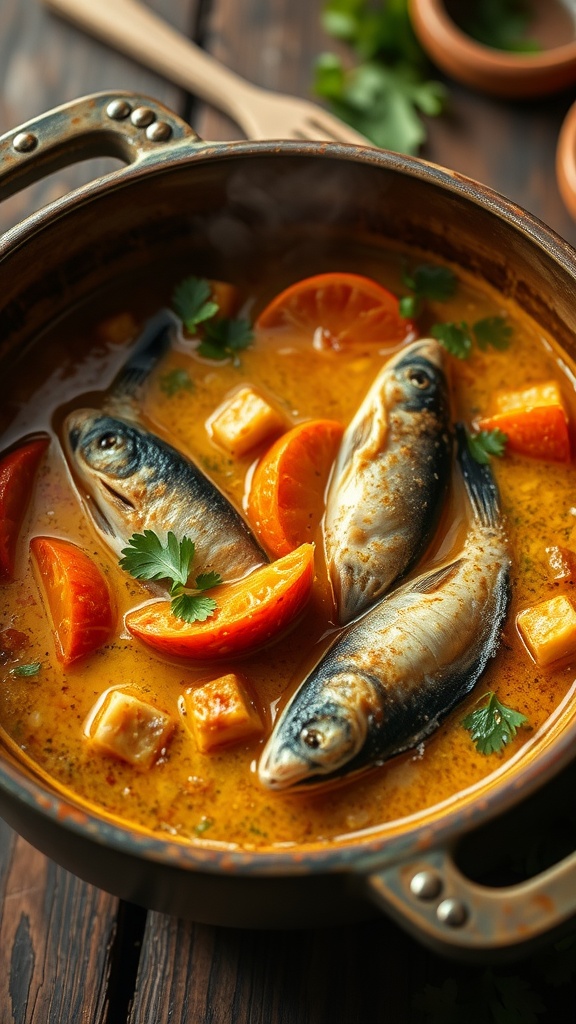 A bowl of Caldeirada, a Brazilian fish stew with fish, tomatoes, and cilantro.
