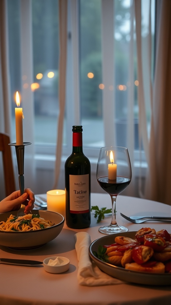 A romantic Italian dinner setting with spaghetti and wine.
