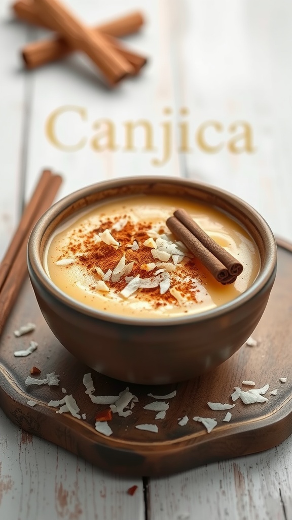 A bowl of Canjica, a Brazilian sweet corn pudding garnished with cinnamon and coconut.