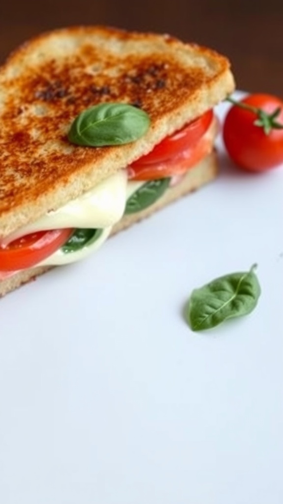 A delicious Caprese Grilled Cheese Sandwich with layers of mozzarella, tomatoes, and basil between golden-brown slices of bread.