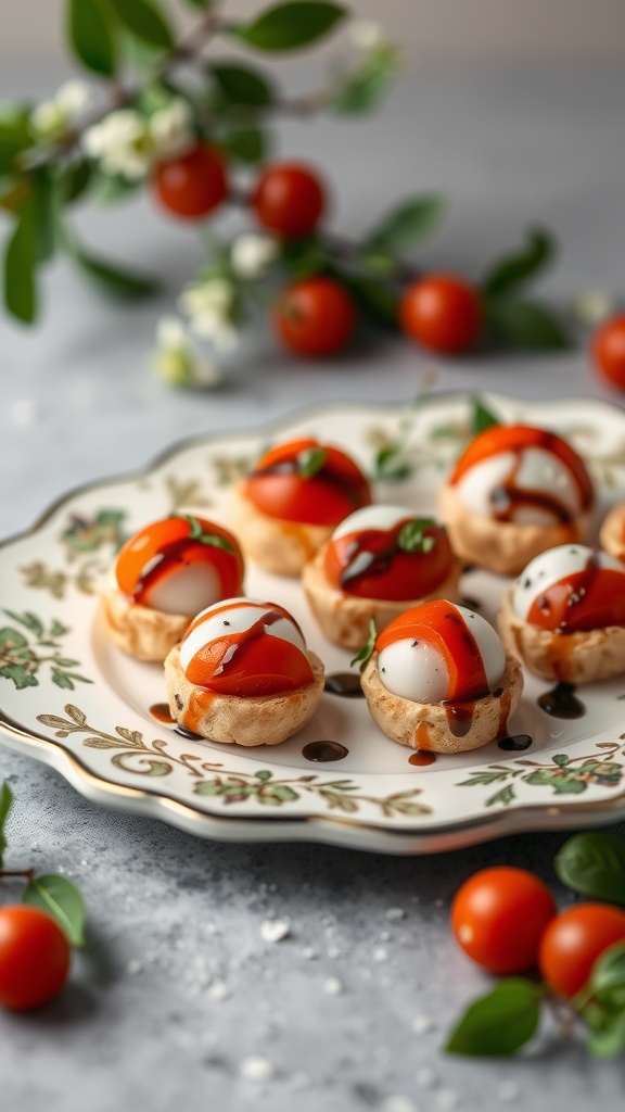 Caprese salad bites on a decorative plate with cherry tomatoes and mozzarella