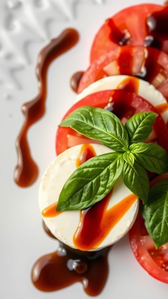 A colorful Caprese salad with fresh tomatoes, mozzarella, basil, and drizzled balsamic glaze.