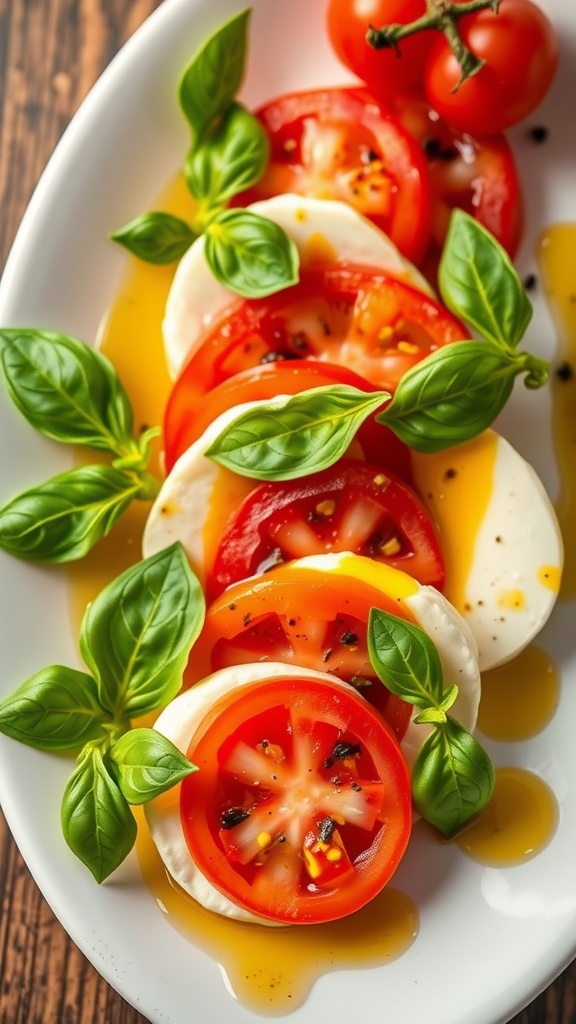 A colorful plate of Caprese salad with slices of tomatoes, mozzarella, and fresh basil leaves.