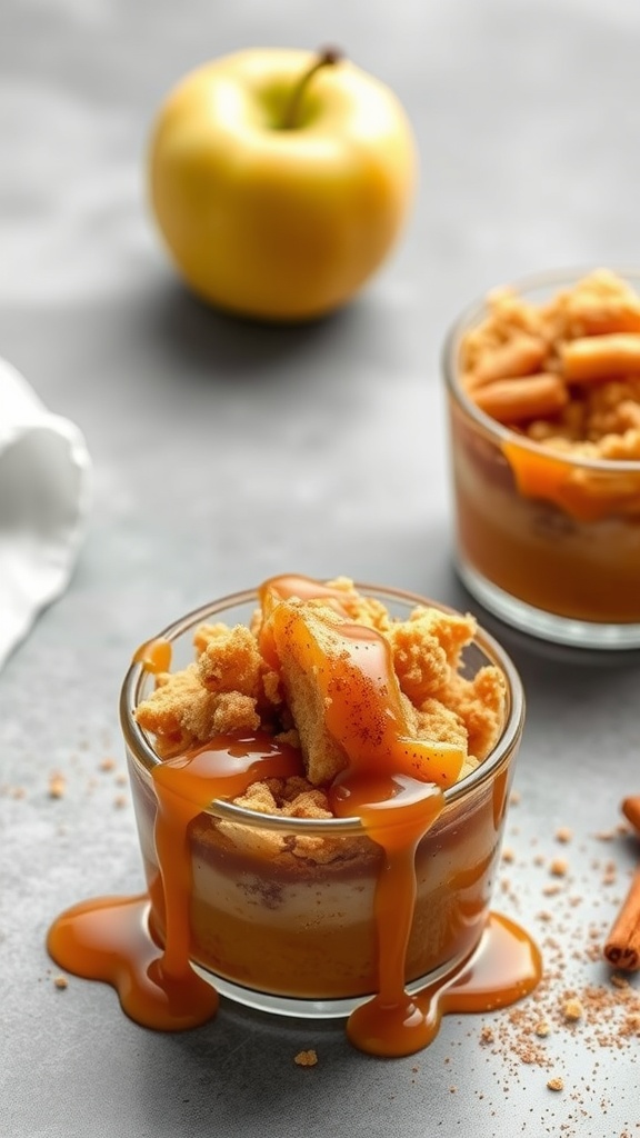 Delicious caramel apple crumble cups topped with a crunchy crumble and caramel drizzle.