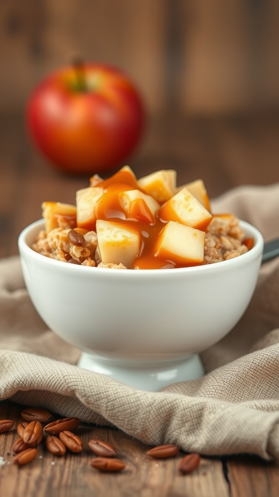Bowl of caramel apple oatmeal topped with diced apples and caramel sauce
