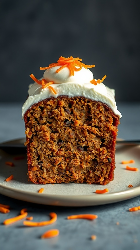 A slice of carrot cake bread topped with cream cheese frosting and garnished with carrot shavings.