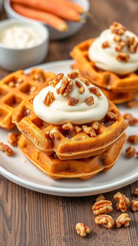 Delicious carrot cake waffles topped with cream cheese frosting and walnuts.