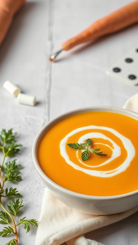 A bowl of vibrant orange carrot ginger soup garnished with a swirl of cream and fresh herbs.