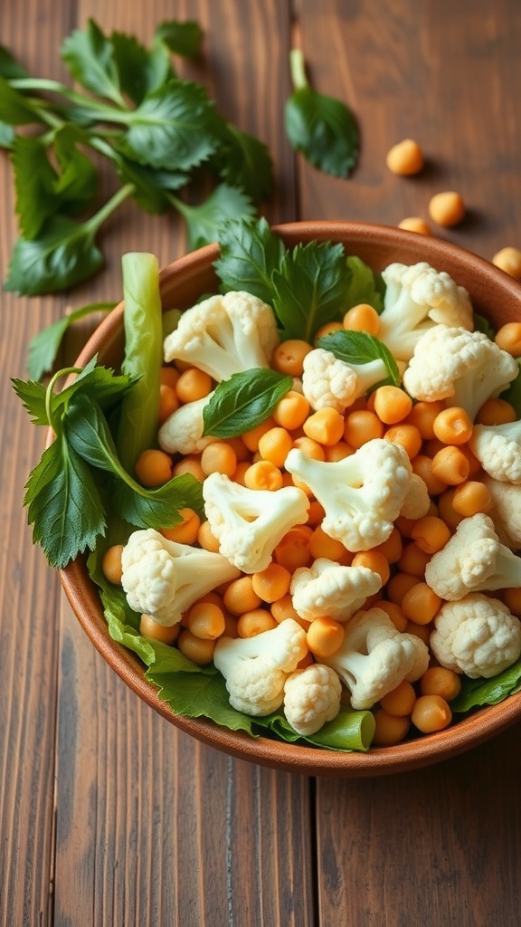 A vibrant bowl of cauliflower and chickpea salad, showcasing fresh ingredients.