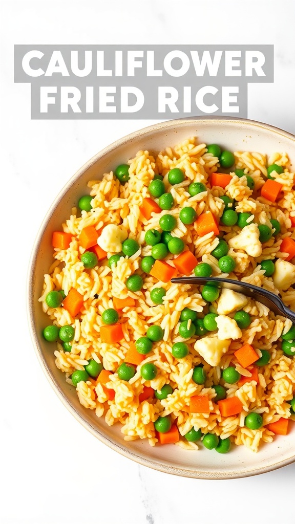 A bowl of cauliflower fried rice with peas and carrots
