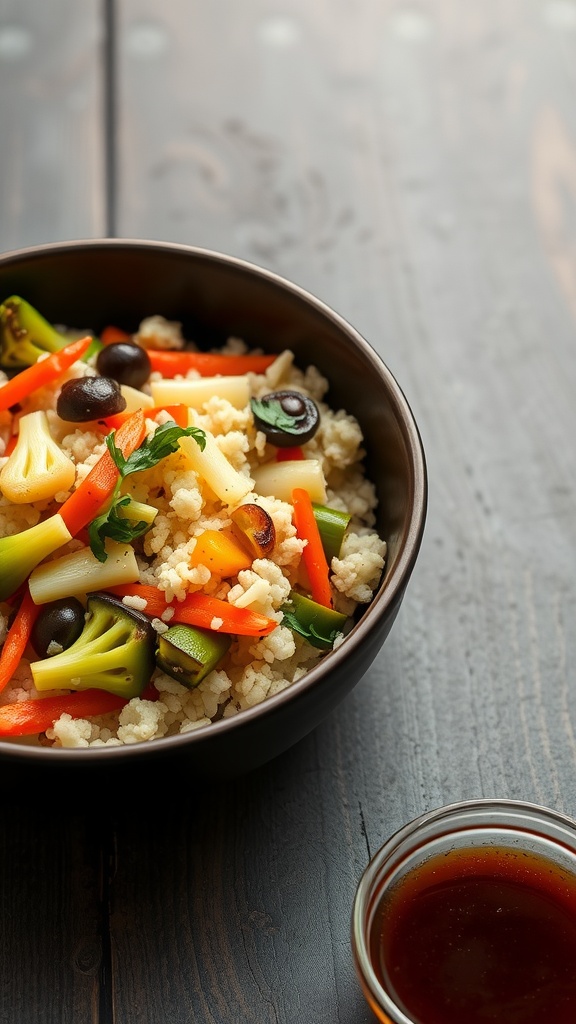 A bowl of cauliflower rice stir-fry with colorful vegetables.