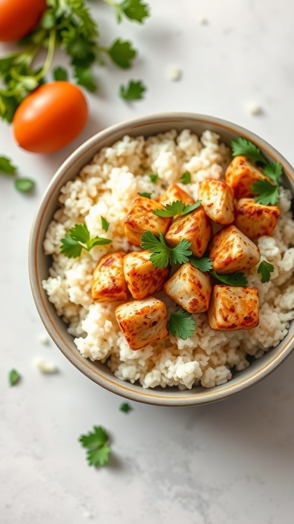 A bowl of cauliflower rice topped with spiced chicken and garnished with cilantro.