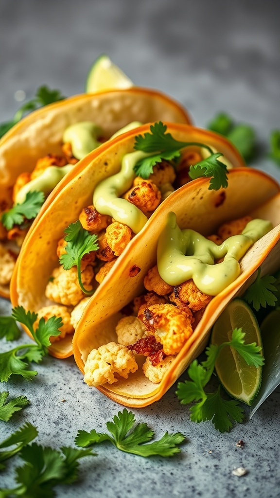 Cauliflower tacos with avocado crema garnished with cilantro and lime.