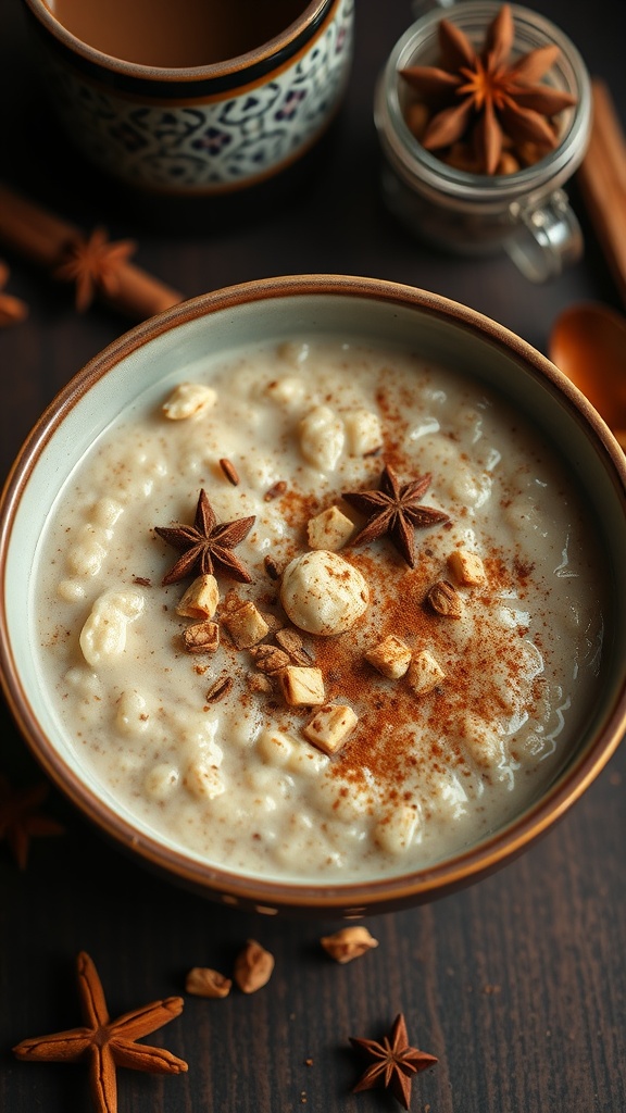 A bowl of chai spice oatmeal topped with spices and nuts.