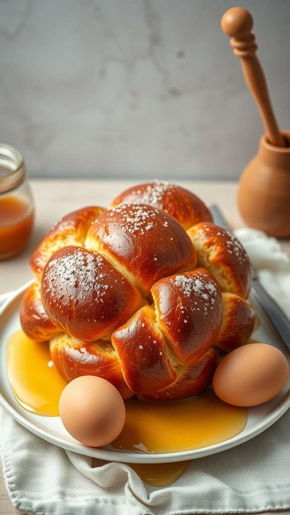A beautifully braided loaf of challah bread, lightly dusted with flour.