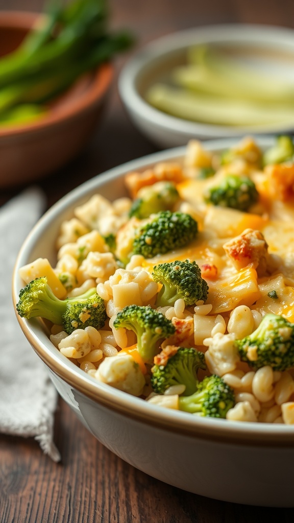 Bowl of cheesy broccoli and rice casserole