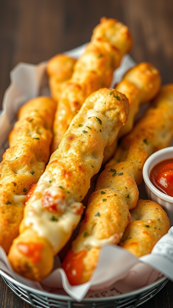 Cheesy garlic breadsticks served with marinara sauce