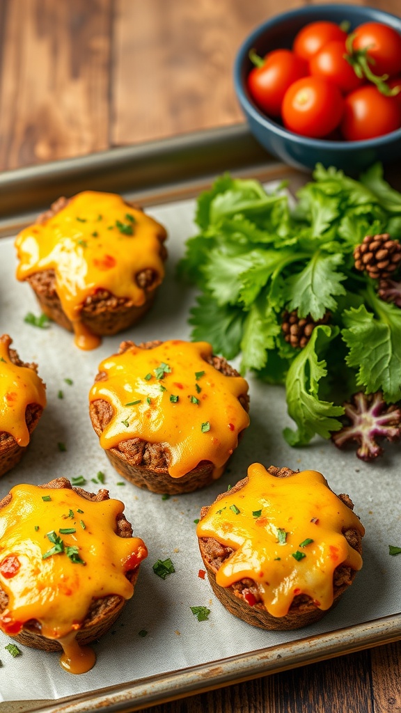 Delicious cheesy meatloaf muffins topped with melted cheese and garnished with herbs.