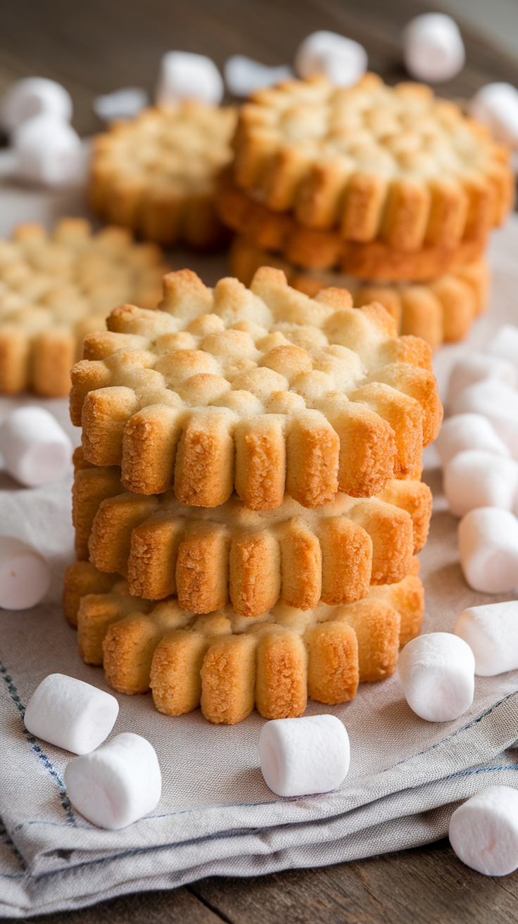 A stack of chewy marshmallow cookies surrounded by marshmallows on a wooden table.