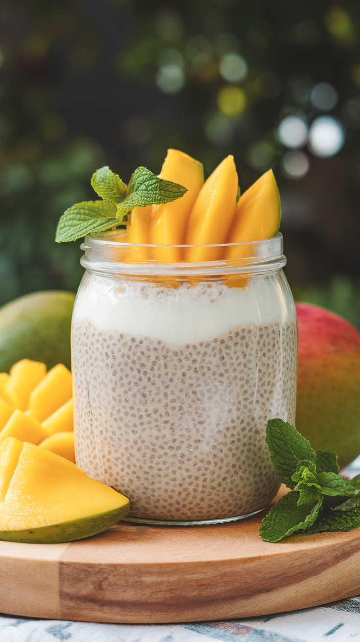 Chia seed pudding topped with mango slices and mint leaves.