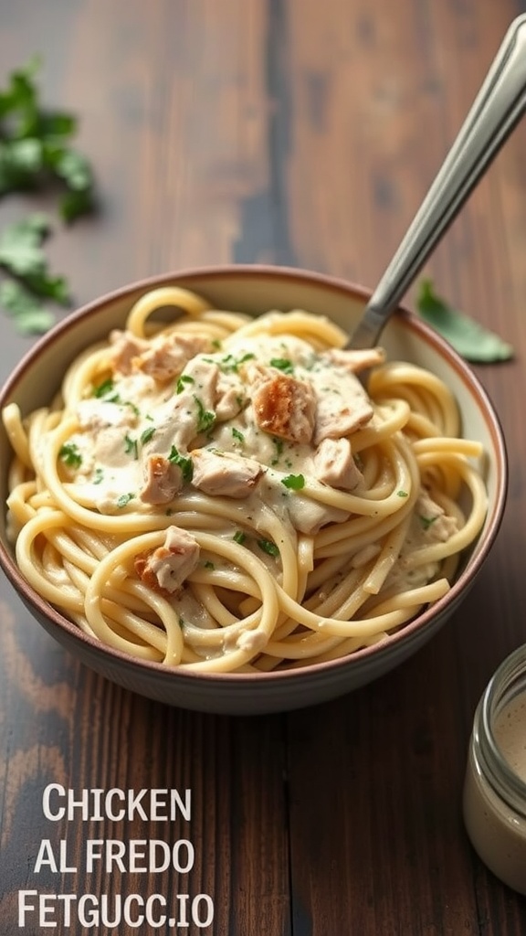 A bowl of Chicken Alfredo Fettuccine topped with shredded chicken and parsley.