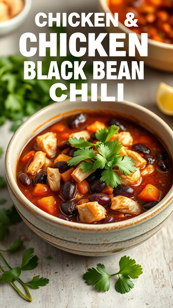 A bowl of chicken and black bean chili garnished with cilantro