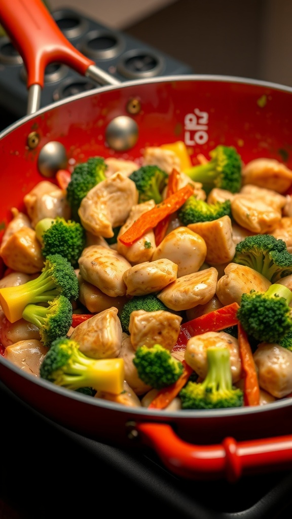 A colorful stir-fry featuring chicken, broccoli, and bell peppers cooked in a skillet.