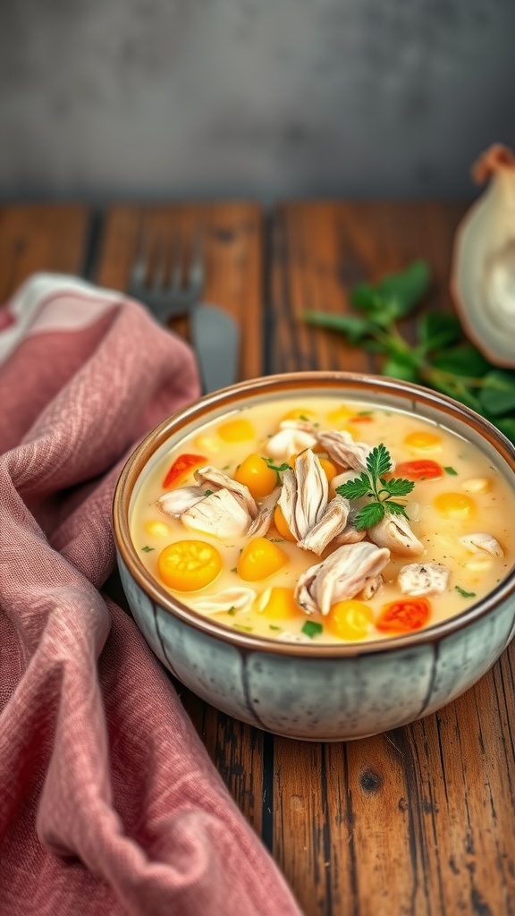 A bowl of creamy chicken and corn chowder with vegetables and herbs.