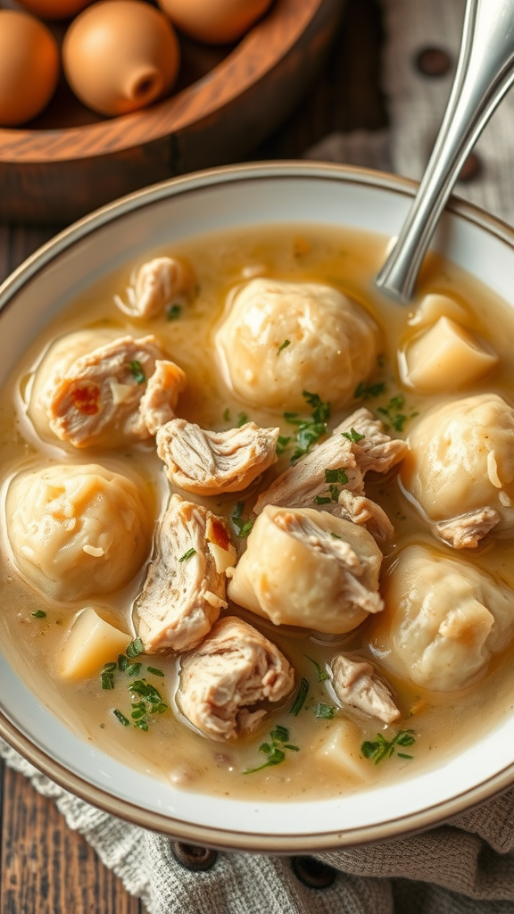 Bowl of chicken and dumplings with herbs